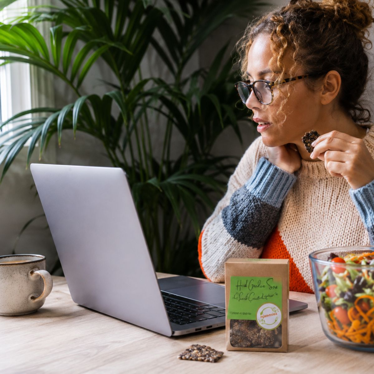 Woman enjoying Njammies Seed Crackers while working at her laptop.
