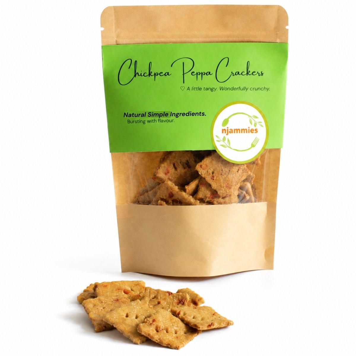 Chickpea Peppe Crackers packed in a Kraft pckage