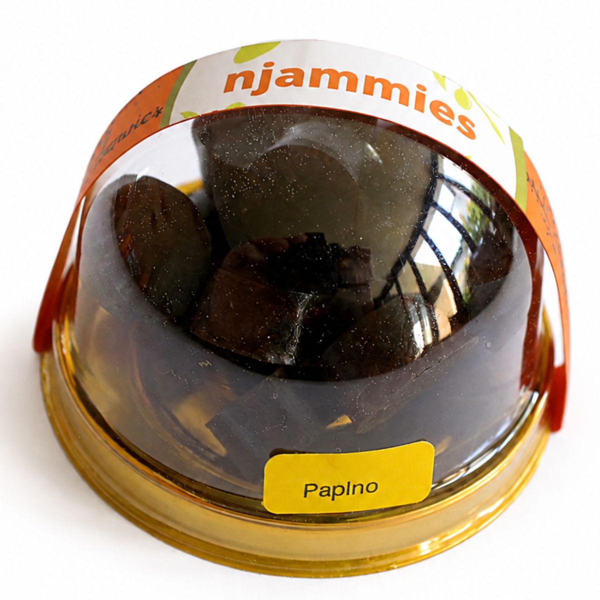 Njammies Papino Fresh Fruit Chewies in a clear dome container.
