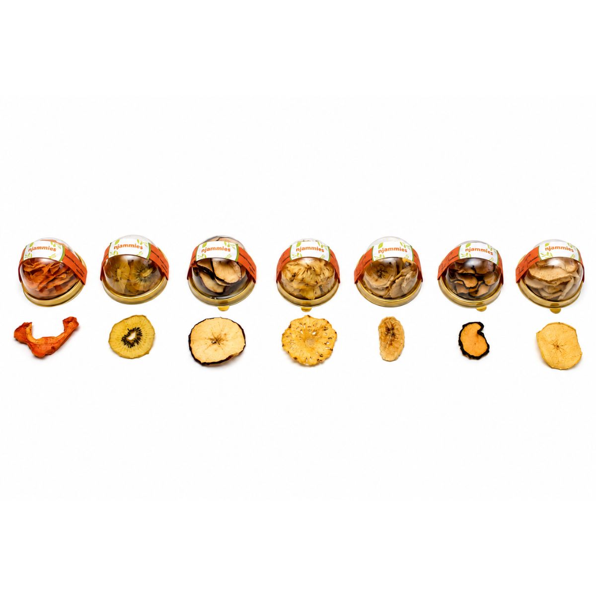 Njammies Fruit Treasure range showing individual dried fruit varieties in clear dome containers.