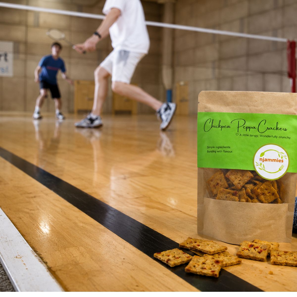 Njammies Crackers ready for a snack break at an indoor sports court.