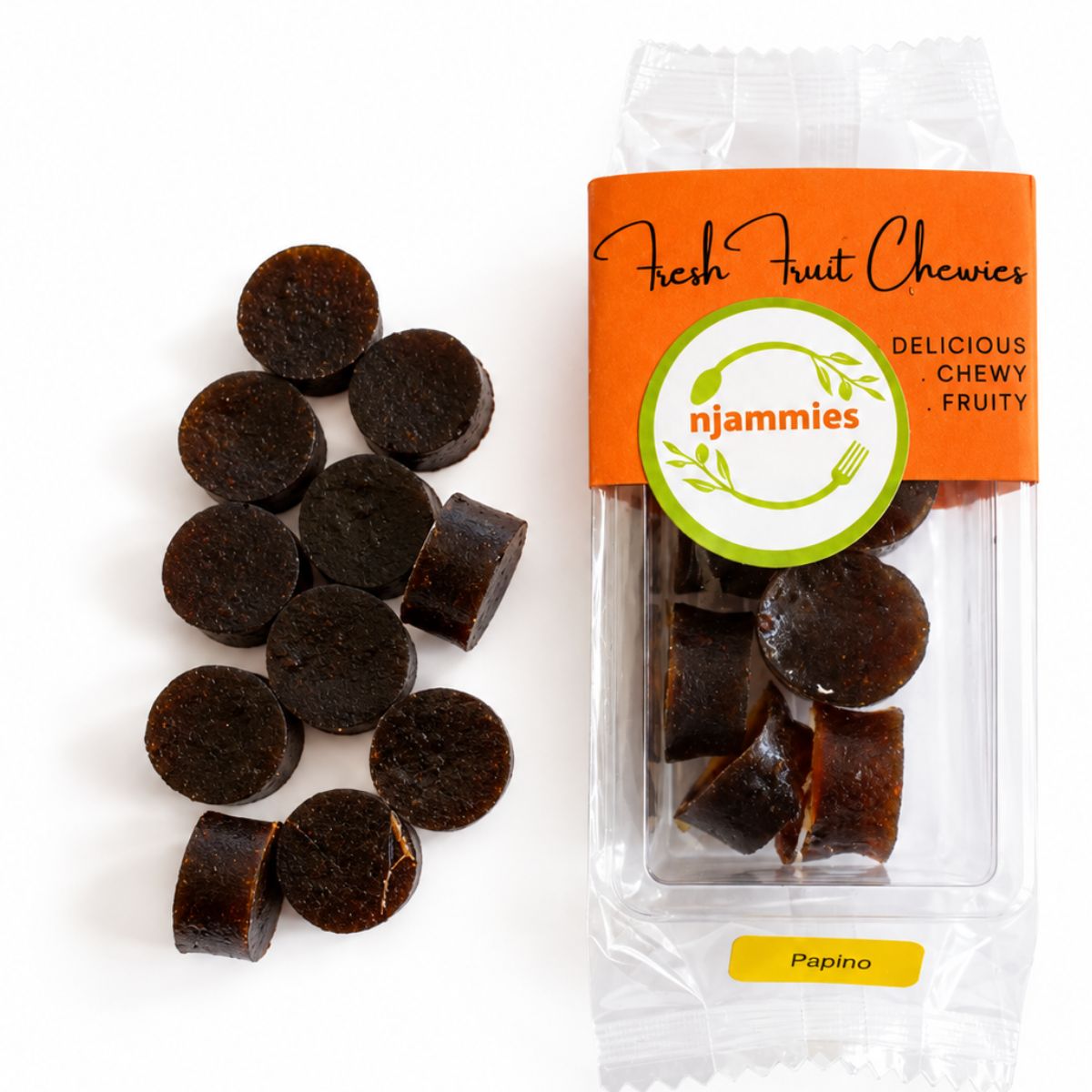 Njammies Papino Fresh Fruit Chewies with colourful chewy pieces beside the pack.