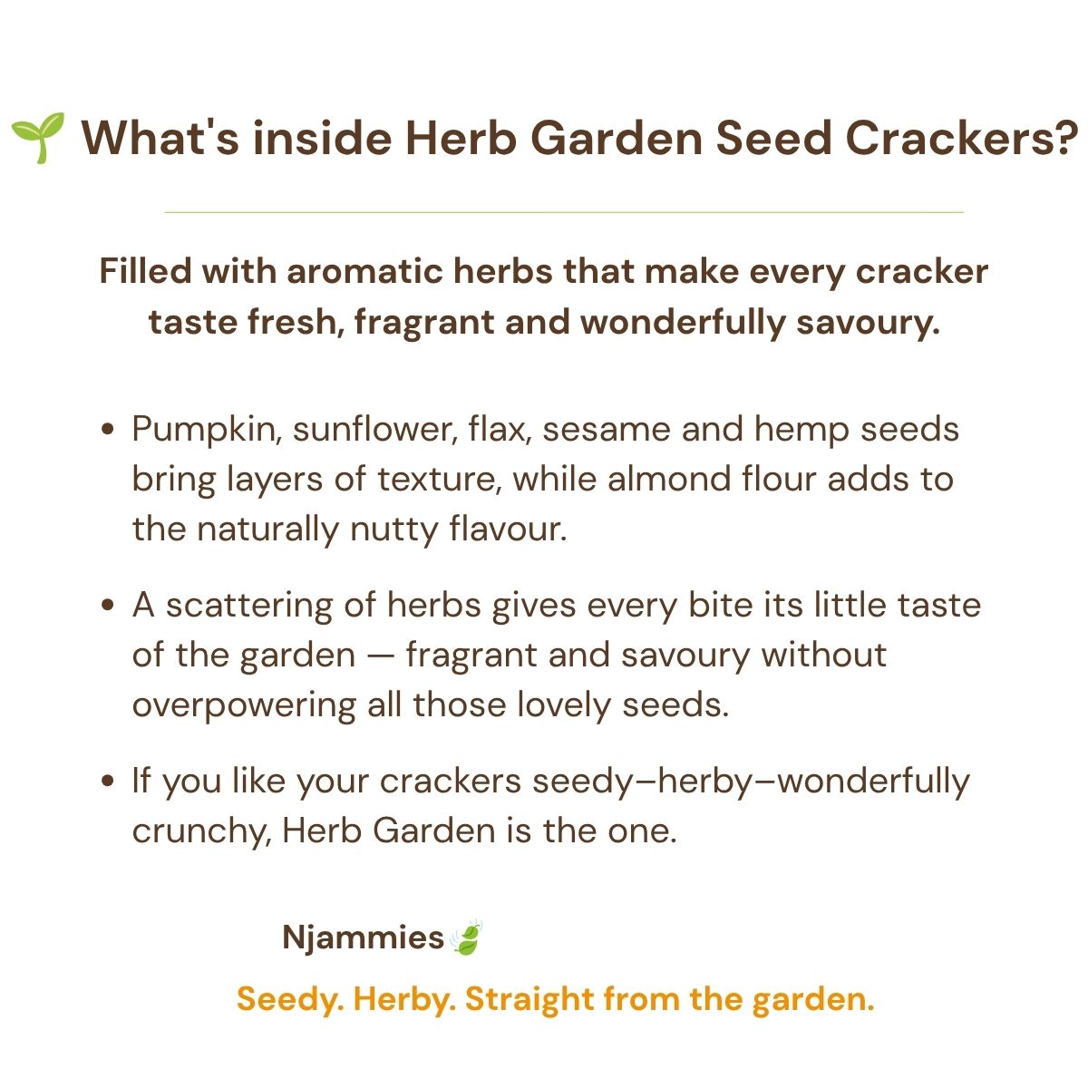 What's inside Herb Garden Seed Crackers information card with seeds, herbs and simple ingredients.