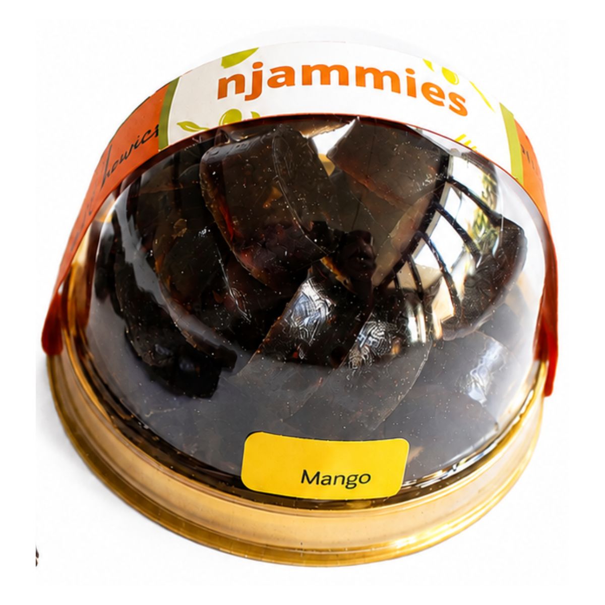 Njammies Mango Fresh Fruit Chewies in a clear dome container.