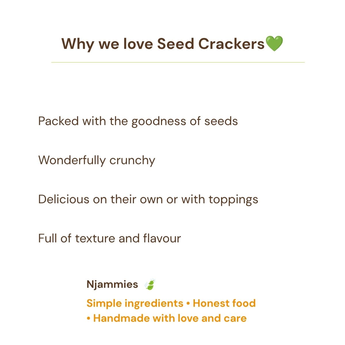 Why we love Seed Crackers card highlighting seeds, crunch and savoury flavour.