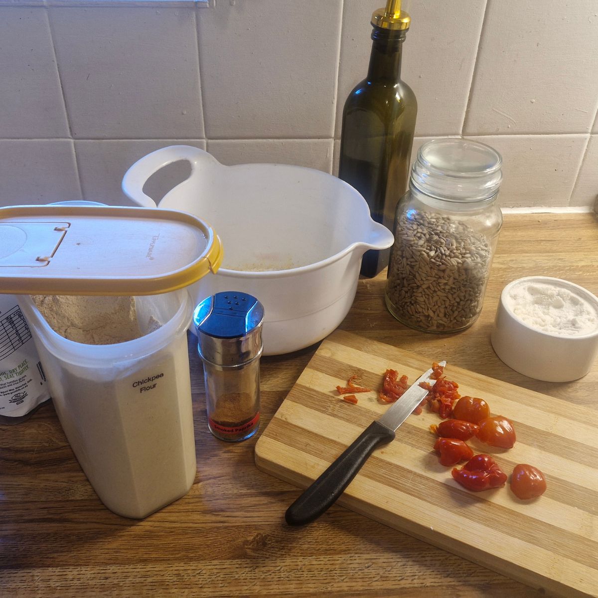 Ingredients being prepared for a batch of Njammies Chickpea Peppa Crackers.