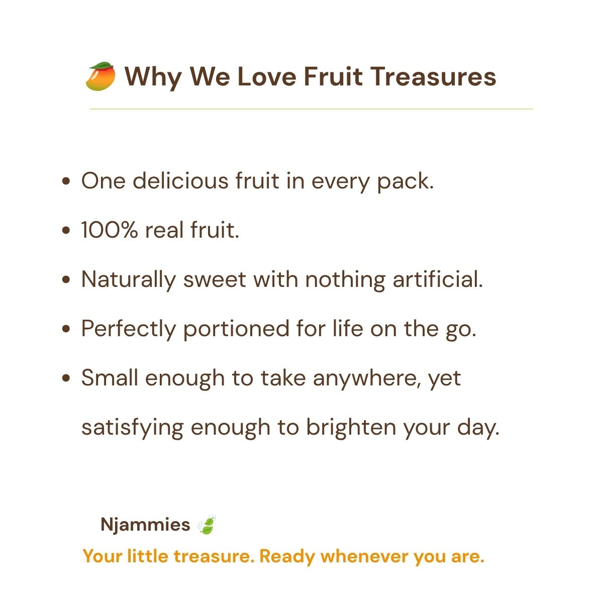 Why we love Njammies Fruit Treasure card celebrating 100% real fruit and naturally sweet dried fruit.