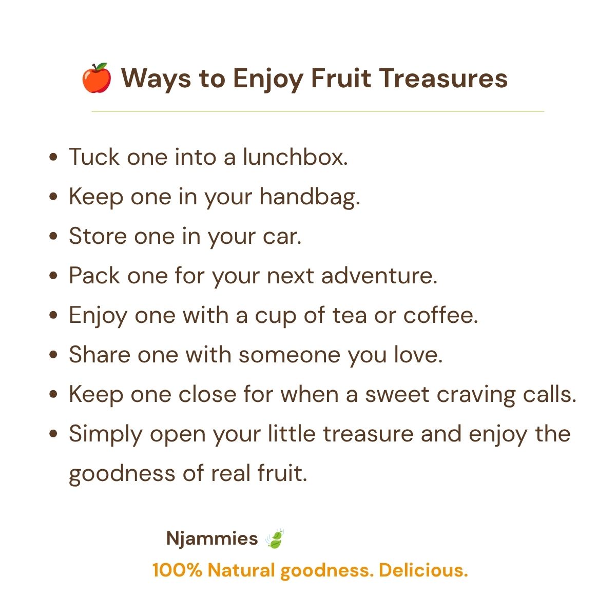 Ways to enjoy Njammies Fruit Treasure card with ideas for lunchboxes, handbags, work, travel and sharing.