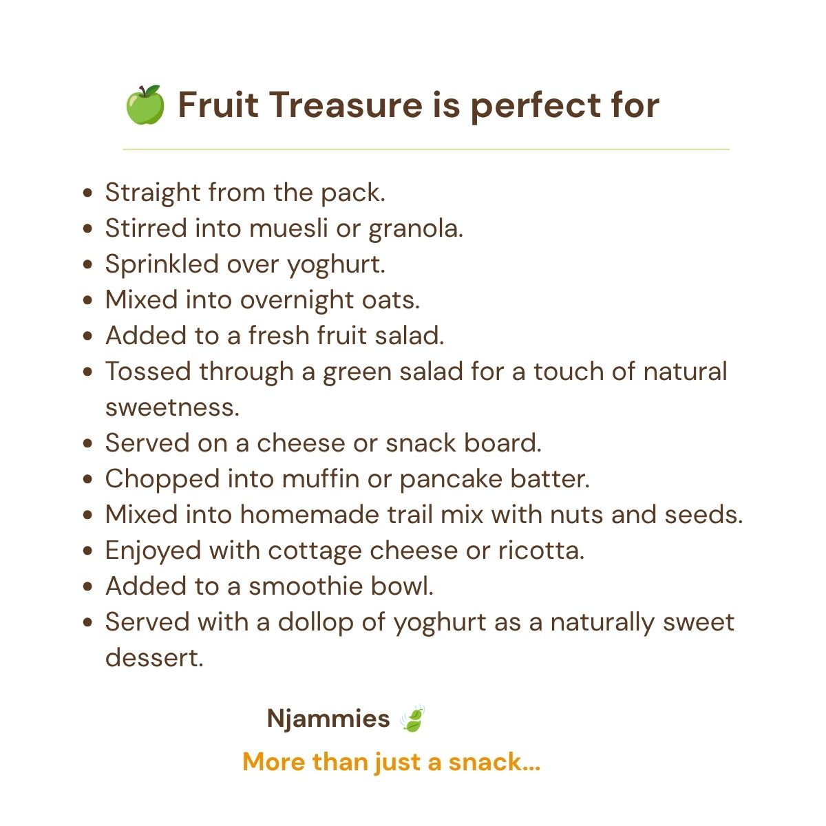 Njammies Fruit Treasure serving ideas for snacking, lunchboxes, yoghurt, picnics, work and travel.