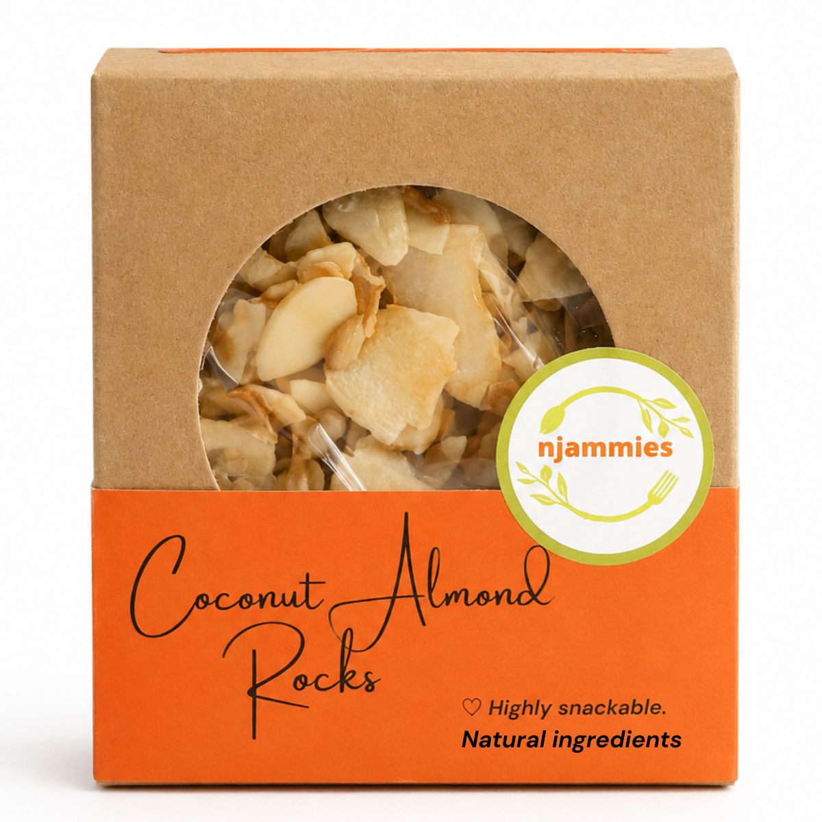 jammies Coconut Almond Rocks in kraft snack box with toasted coconut and almonds