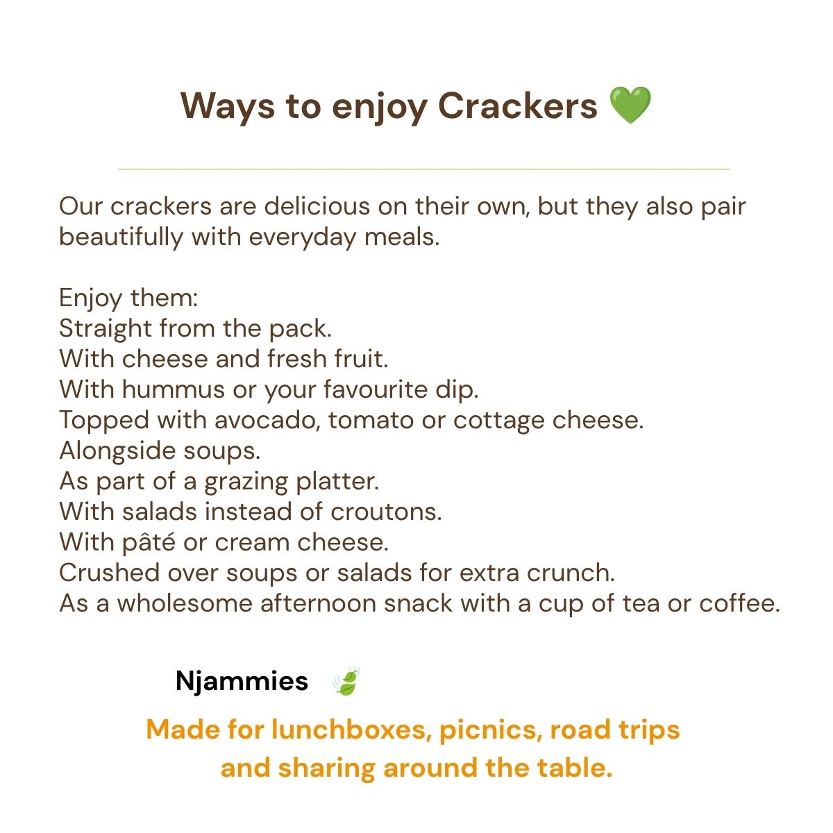 Ways to enjoy Crackers card with ideas for dips, lunchboxes, picnics and sharing.