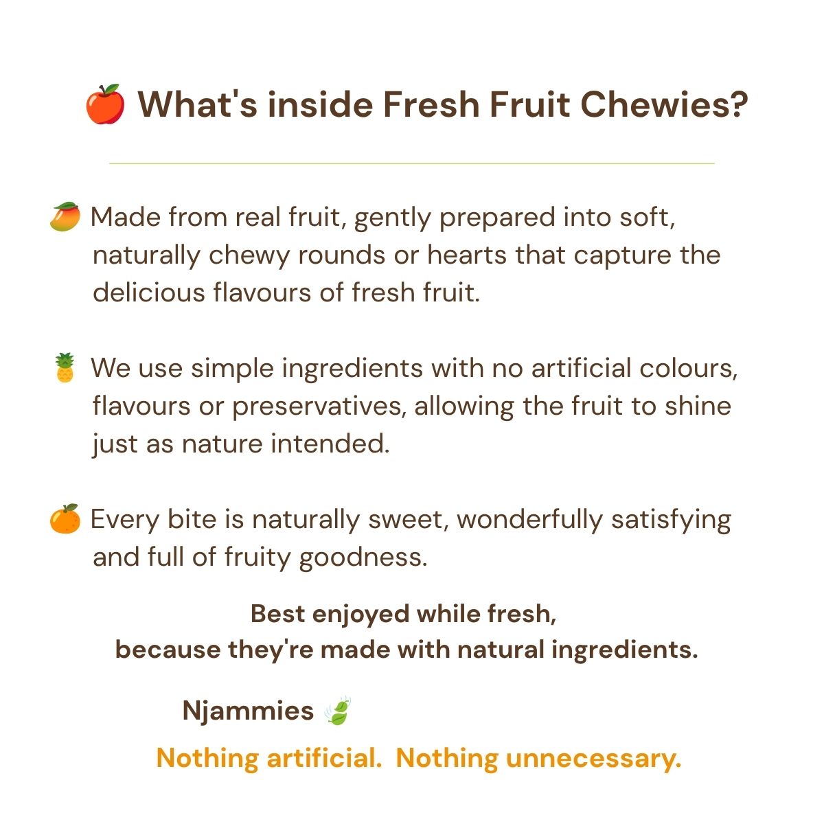 What's inside Fresh Fruit Chewies information card highlighting real fruit and simple ingredients.
