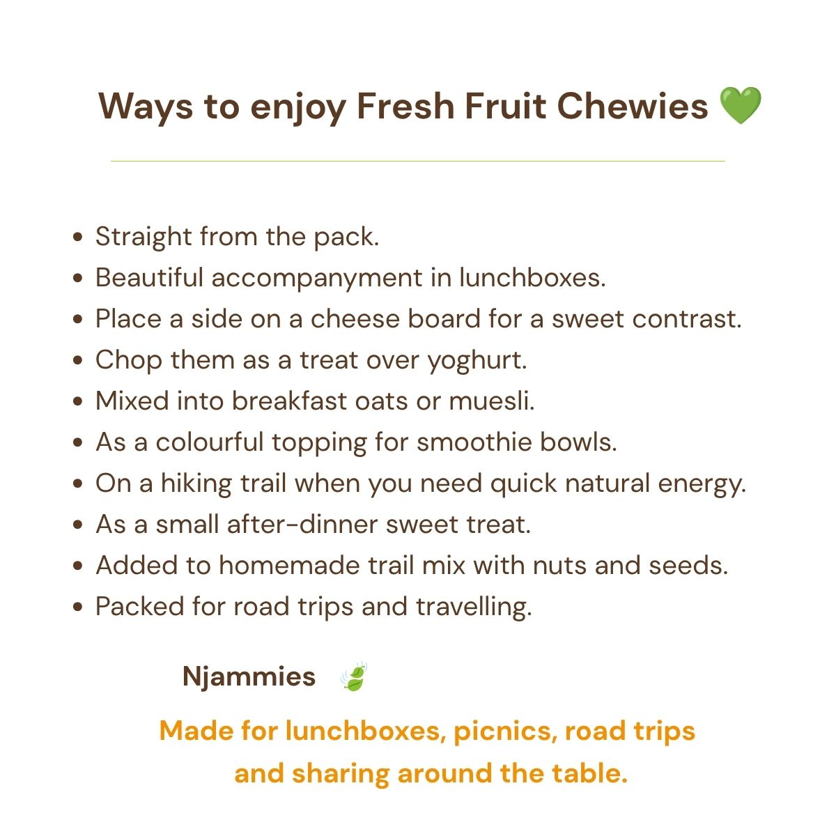 Ways to enjoy Fresh Fruit Chewies card with ideas for lunchboxes, picnics, road trips and sharing.