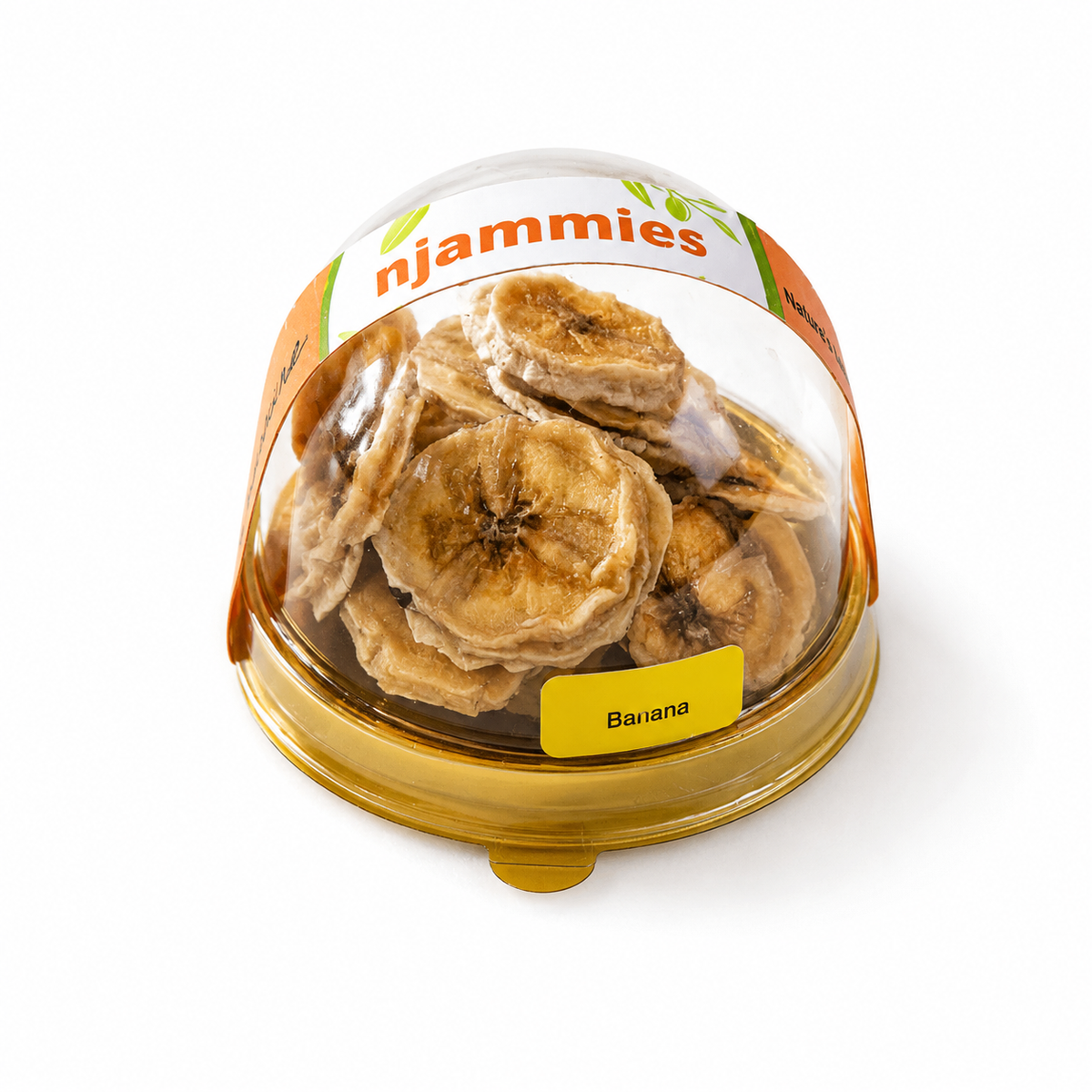 Njammies Banana Fruit Treasure with naturally dried banana slices inside a clear dome container.