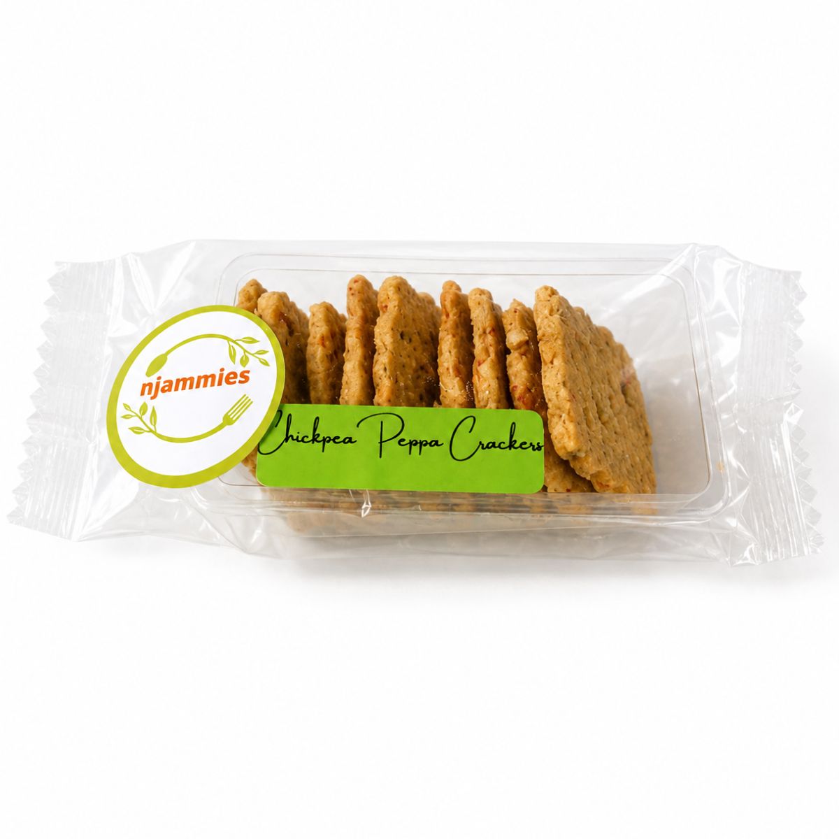Chickpea Peppa Crackers single portion in a transparent package