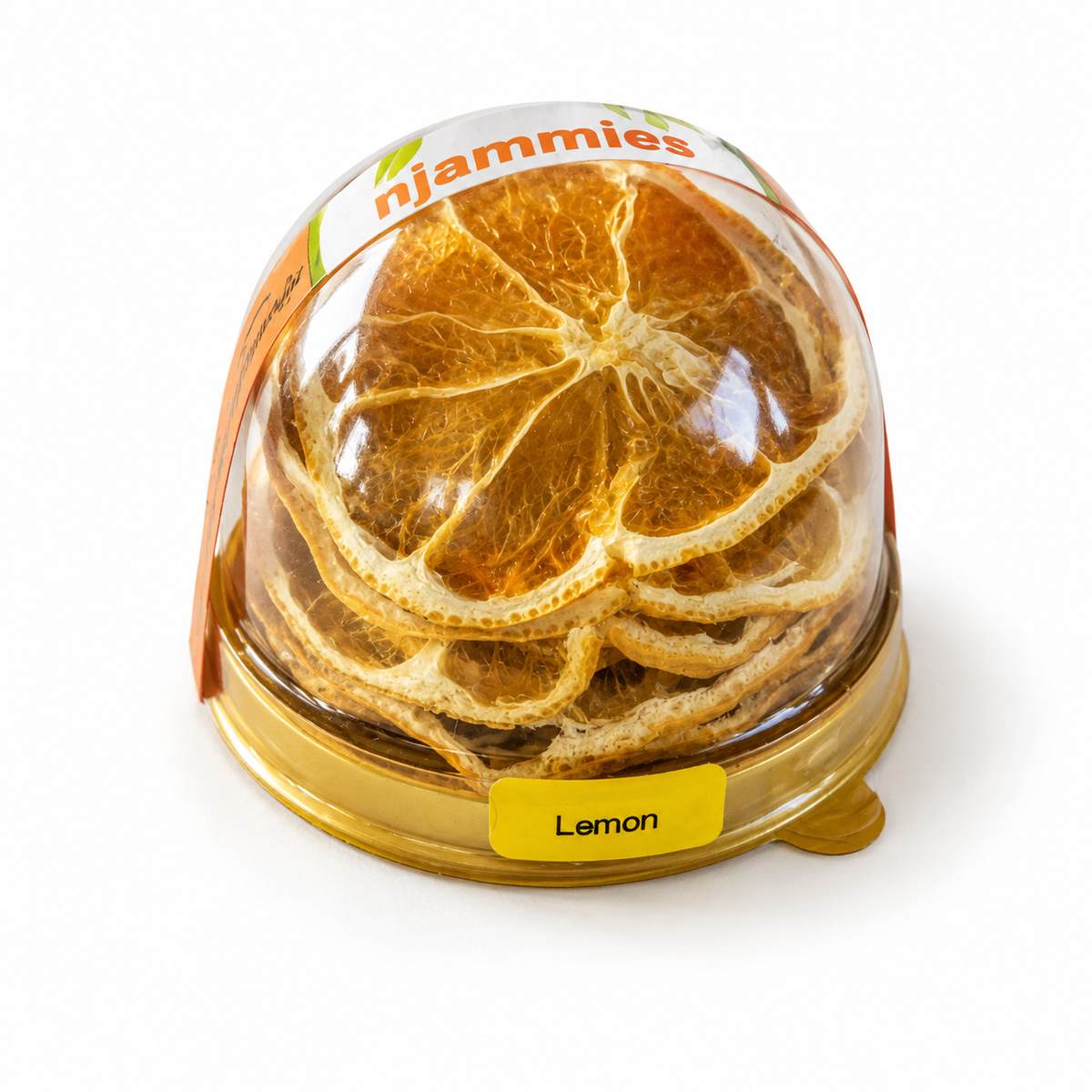 Njammies Lemon Fruit Treasure with naturally dried lemon slices  inside a clear dome container.