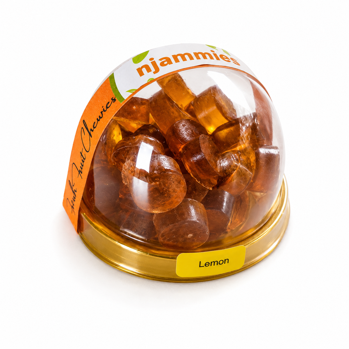 Njammies Lemon Fresh Fruit Chewies in a clear dome container.