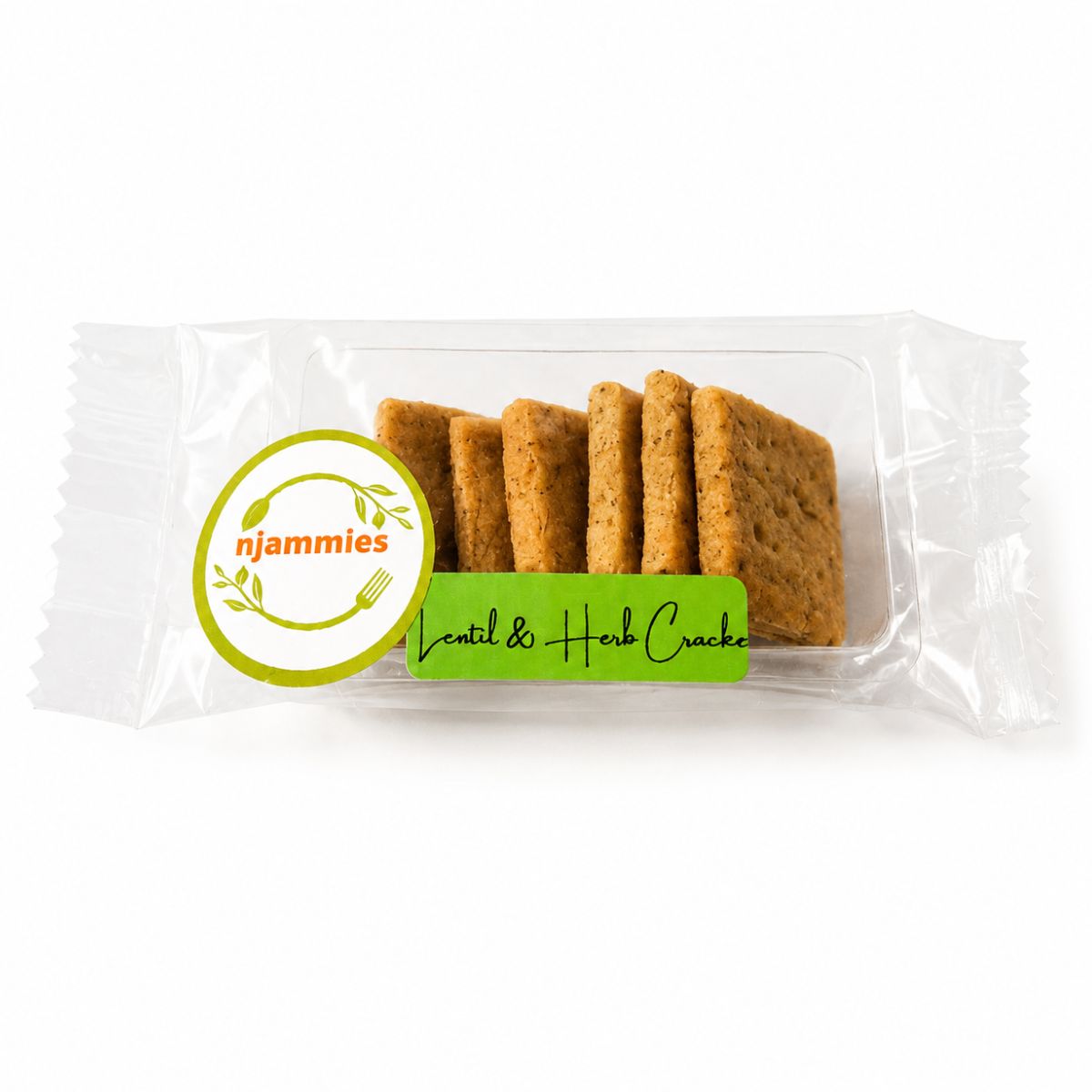 Lentil Herb crackers single portion in a transparent package