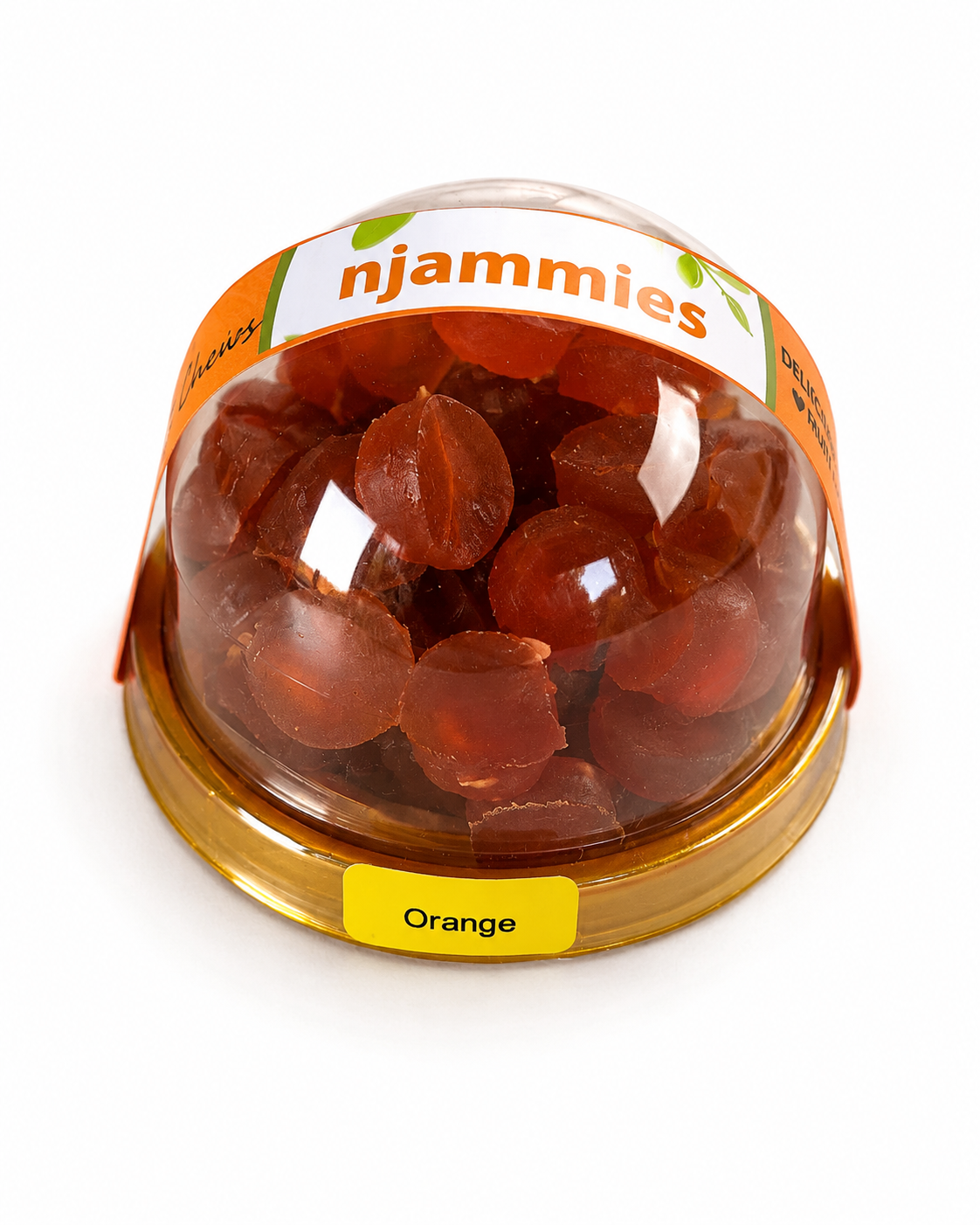 Njammies Orange Fresh Fruit Chewies in a clear dome container.