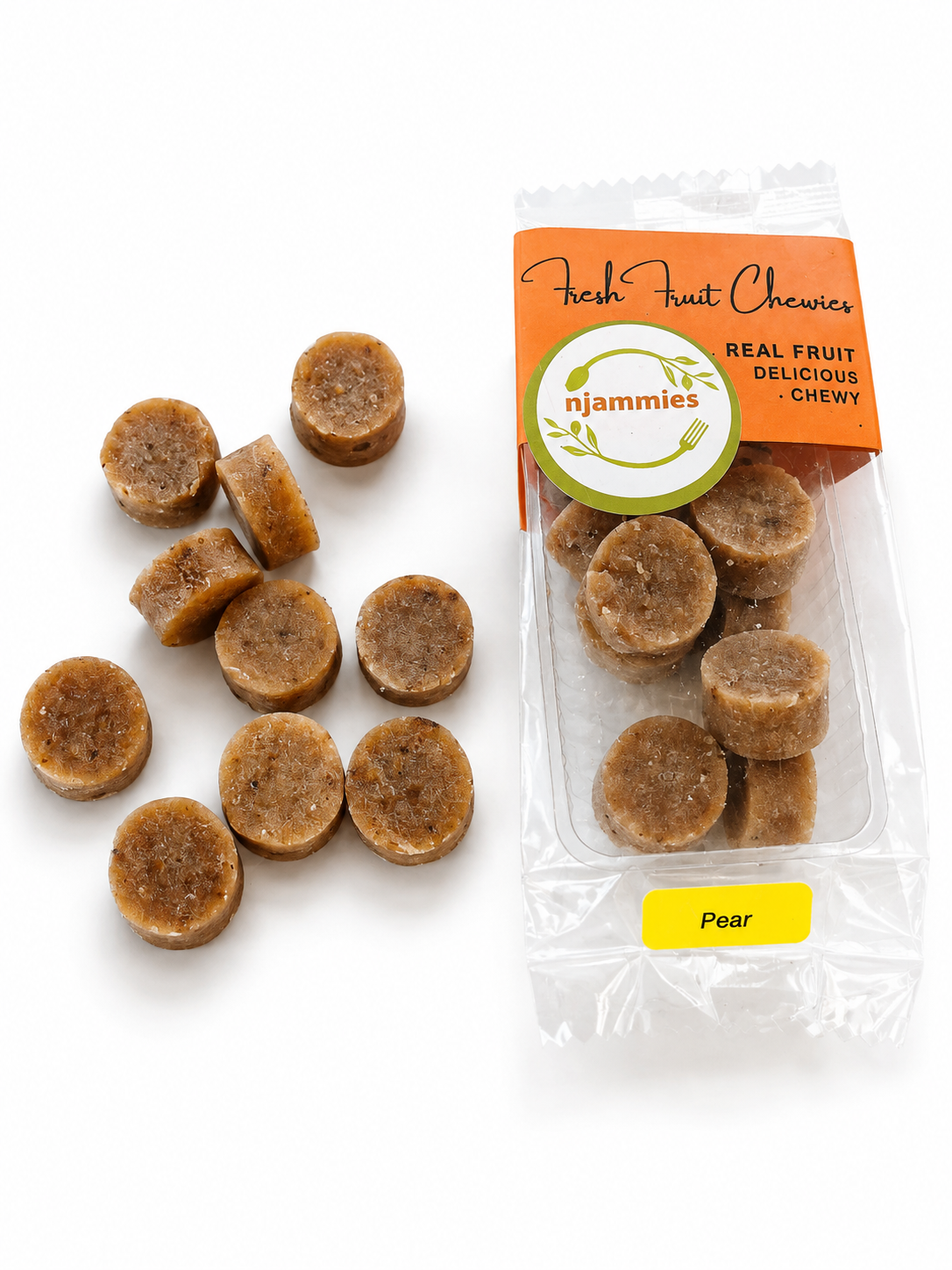 Njammies Pear Fresh Fruit Chewies in a clear container.