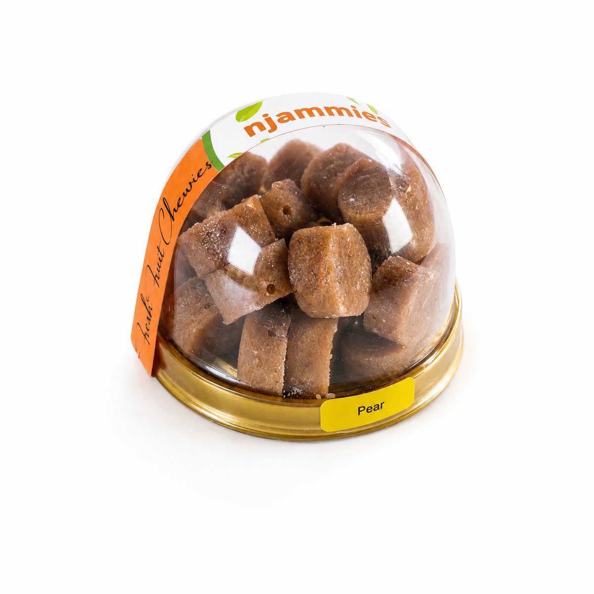 Njammies Pear Fresh Fruit Chewies in a clear dome container.