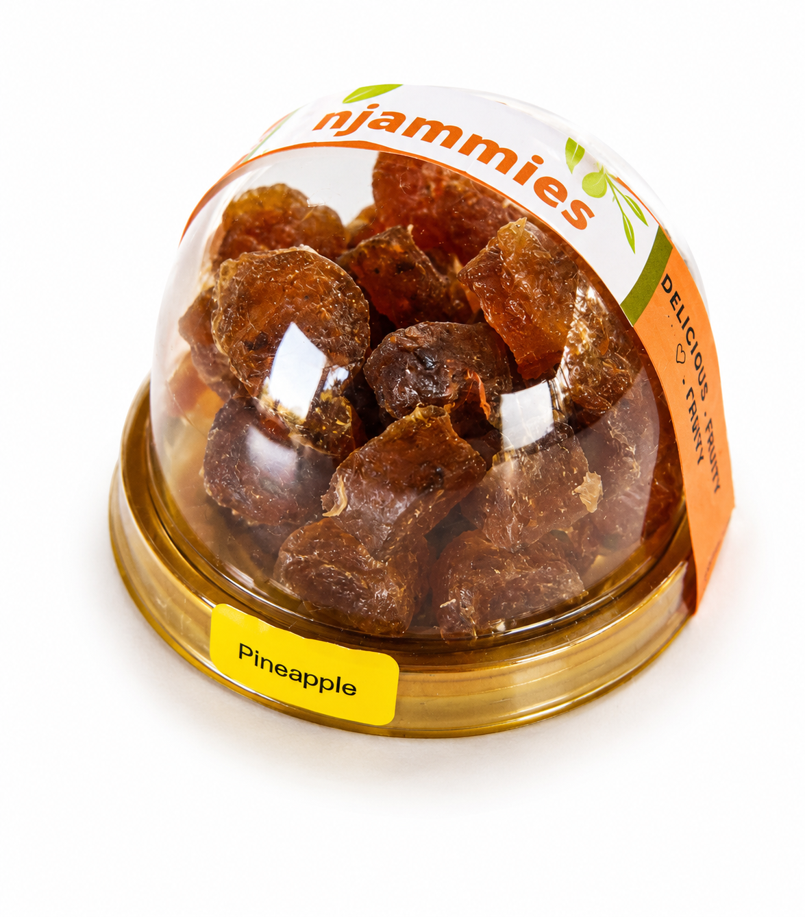Njammies Pineapple Fresh Fruit Chewies in a clear dome container.