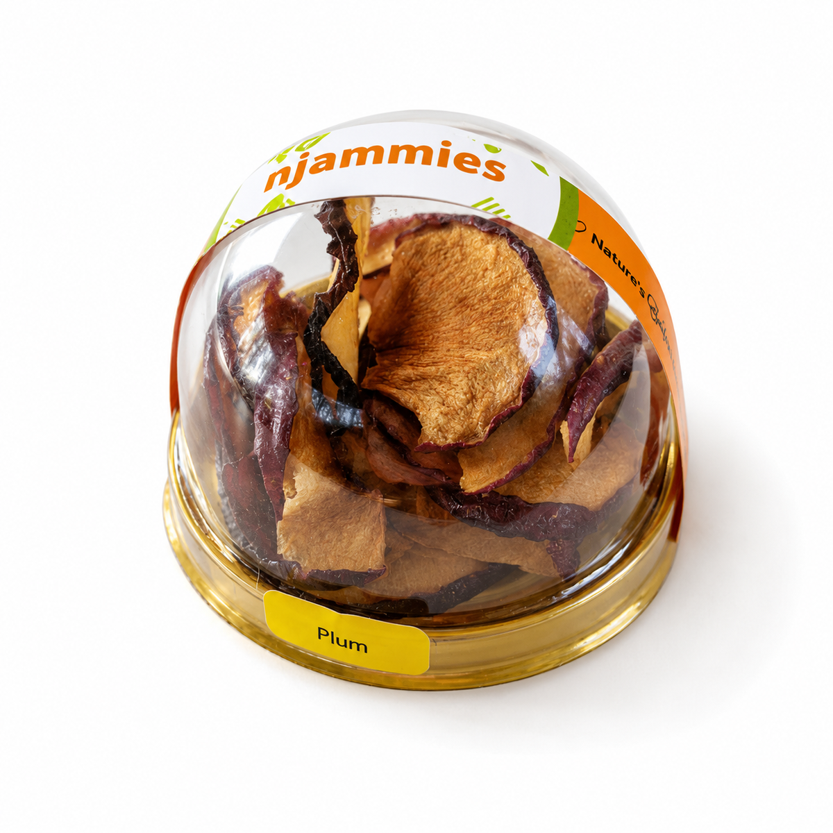 Njammies Plum Fruit Treasure with naturally dried plum slices  inside a clear dome container.