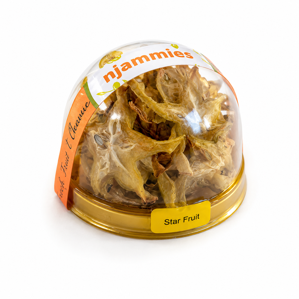 Njammies Star Fruit Treasure with naturally dried Star Fruit slices  inside a clear dome container.