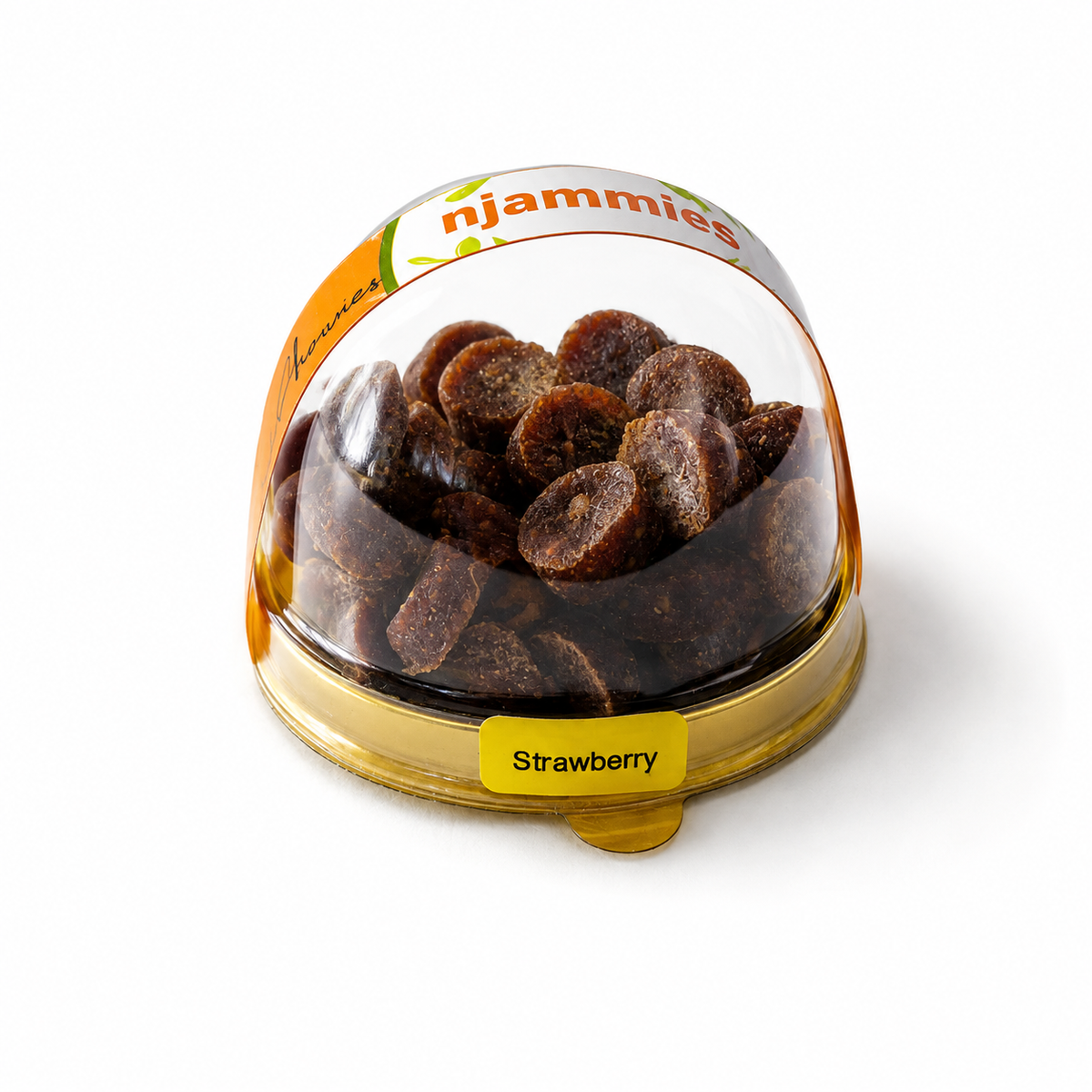 Njammies Strawberry Fresh Fruit Chewies in a clear dome container.