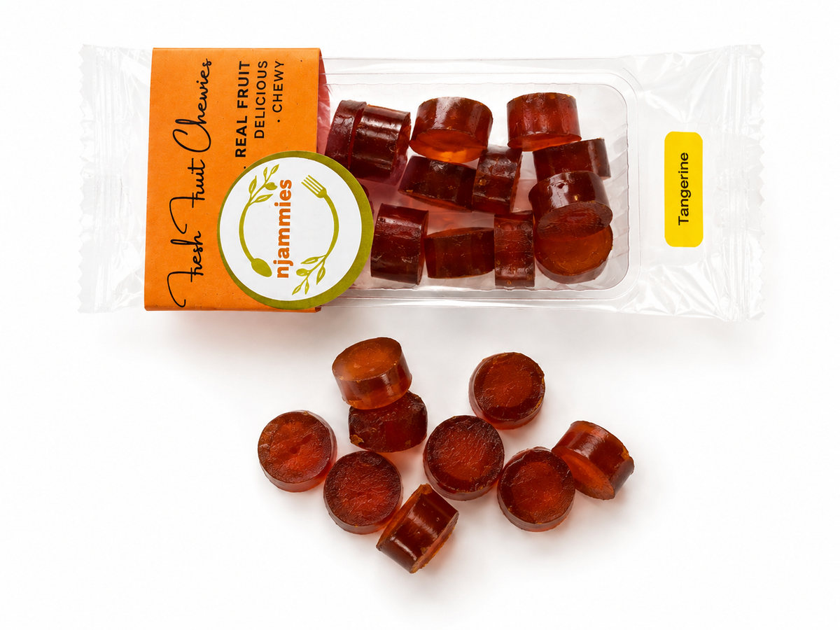 Njammies Tangerine Fresh Fruit Chewies in a clear container.