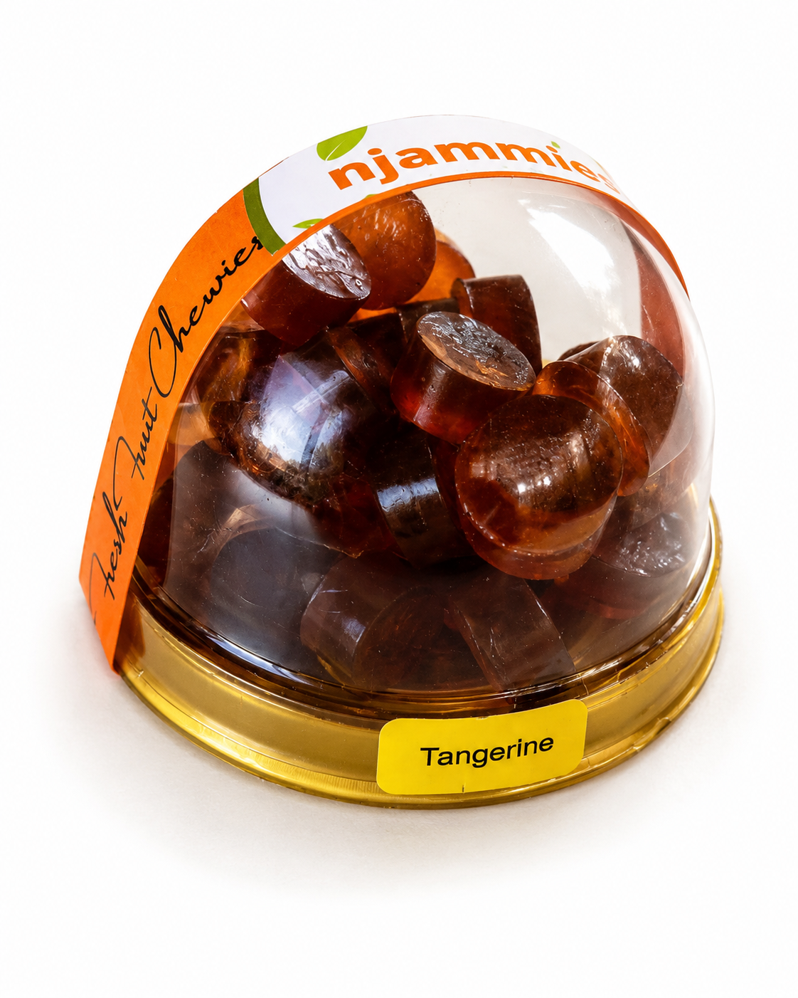 Njammies Tangerine Fresh Fruit Chewies in a clear dome container.