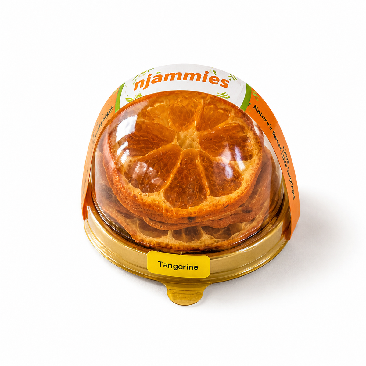 Njammies Tangerine Fruit Treasure with naturally dried tangerine slices inside a clear dome container.